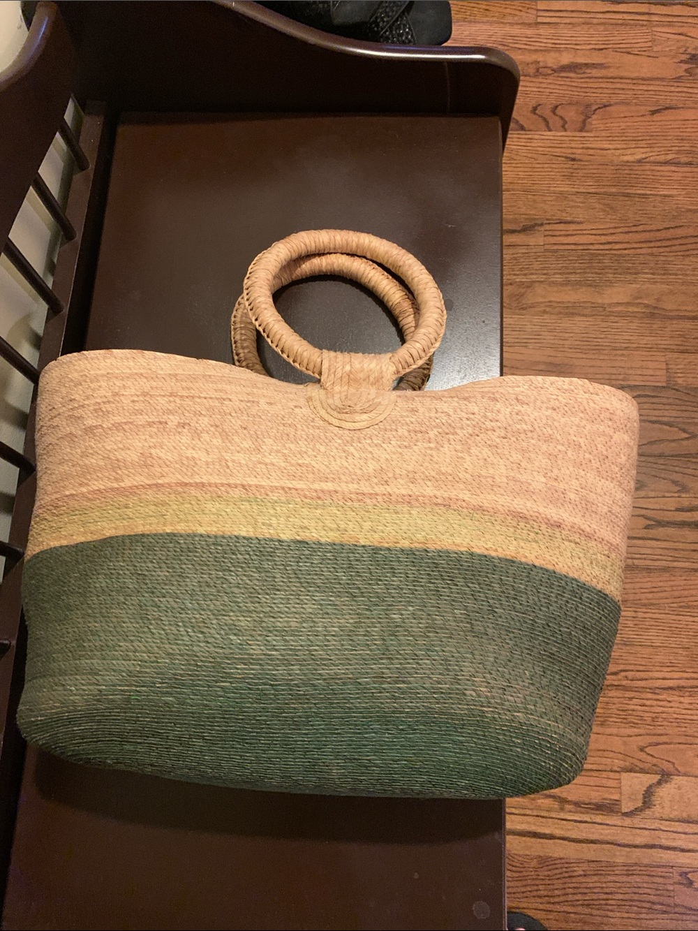 Handwoven Straw Tote with Green Ombre and Wrapped Handles